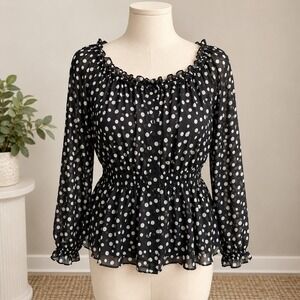 Lane Bryant Blouse Black Polka Dot Smocked Waist Ruffle Chiffon Top Sz 14/16